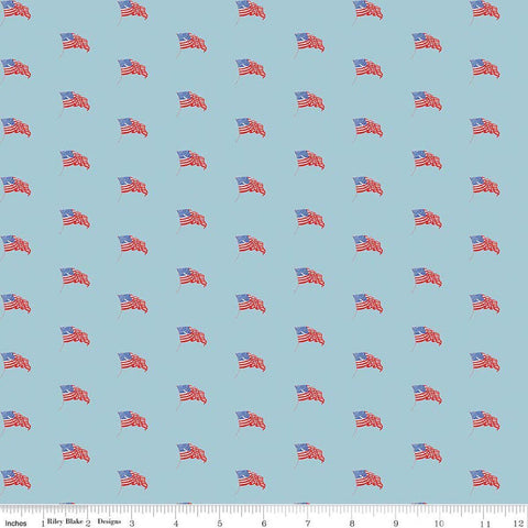 Image of Sew America USA Flags Blue quilting cotton fabric by J. Wecker Frisch for Riley Blake Designs. Features vintage American flags on a blue background. Cute Little Fabric Shop.