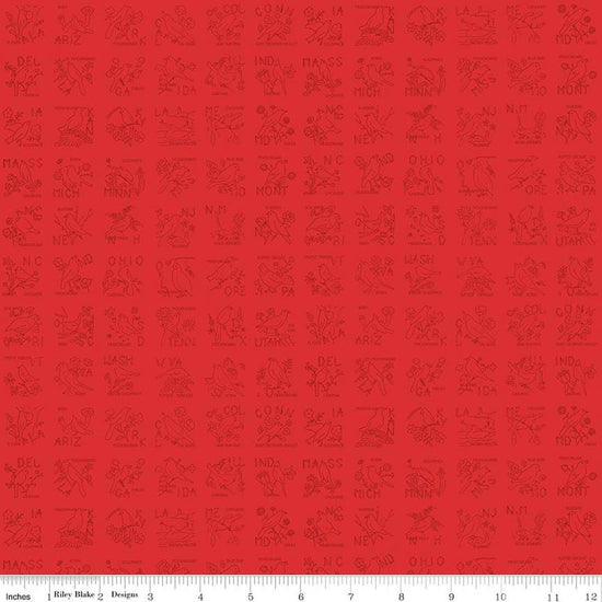 Image of Sew America State Birds Red quilting cotton fabric by J. Wecker Frisch for Riley Blake Designs. Features vintage American state birds on a red background. Cute Little Fabric Shop.