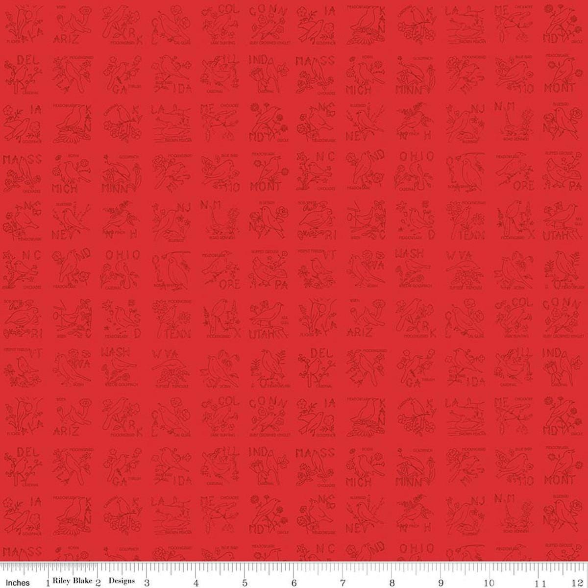 Image of Sew America State Birds Red quilting cotton fabric by J. Wecker Frisch for Riley Blake Designs. Features vintage American state birds on a red background. Cute Little Fabric Shop.