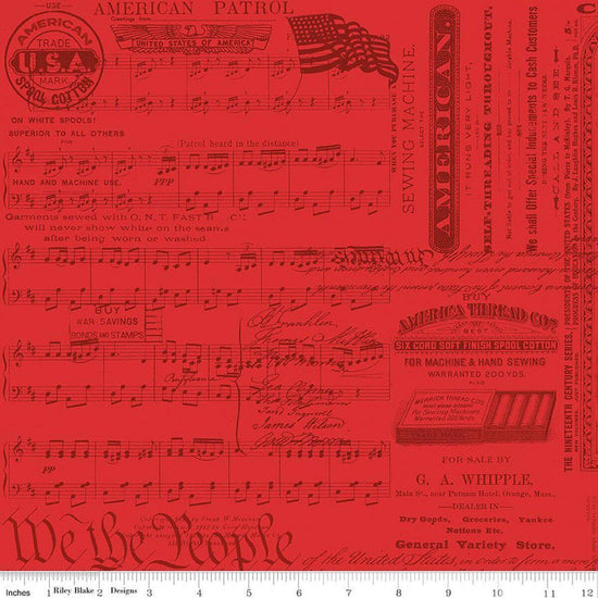 Image of Sew America Patriotic Text Red quilting cotton fabric by J. Wecker Frisch for Riley Blake Designs. Features vintage American sheet music on a red background. Cute Little Fabric Shop.