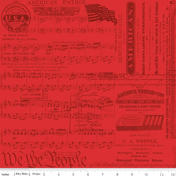Image of Sew America Patriotic Text Red quilting cotton fabric by J. Wecker Frisch for Riley Blake Designs. Features vintage American sheet music on a red background. Cute Little Fabric Shop.