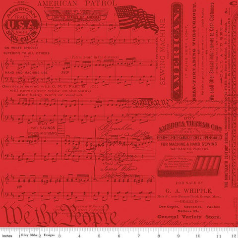 Image of Sew America Patriotic Text Red quilting cotton fabric by J. Wecker Frisch for Riley Blake Designs. Features vintage American sheet music on a red background. Cute Little Fabric Shop.