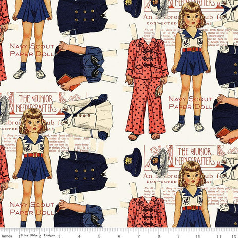 Image of Sew America Navy Scout Paper Dolls Off White quilting cotton fabric by J. Wecker Frisch for Riley Blake Designs. Features vintage American paper dolls on a cream background. Cute Little Fabric Shop.