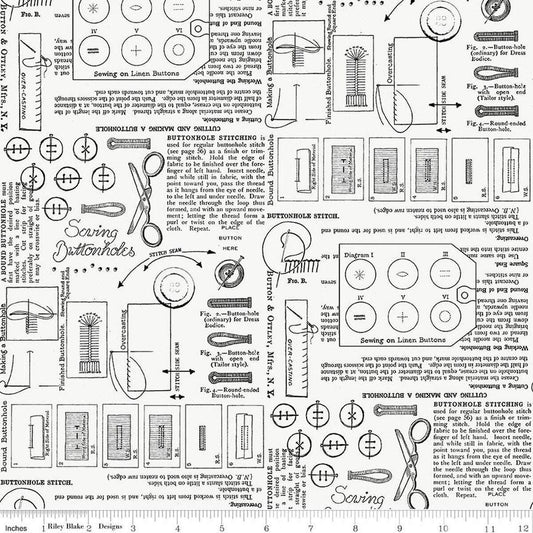 Image of Sew America Sewing Notes Off White quilting cotton fabric by J. Wecker Frisch for Riley Blake Designs. Features vintage American sewing notes on a white background. Cute Little Fabric Shop.