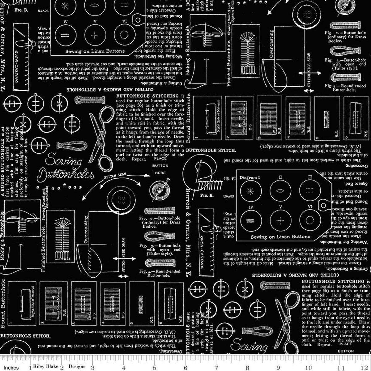 Image of Sew America Sewing Notes Black quilting cotton fabric by J. Wecker Frisch for Riley Blake Designs. Features vintage American sewing notes on a black background. Cute Little Fabric Shop.
