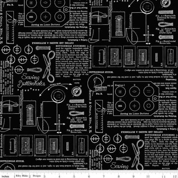 Image of Sew America Sewing Notes Black quilting cotton fabric by J. Wecker Frisch for Riley Blake Designs. Features vintage American sewing notes on a black background. Cute Little Fabric Shop.