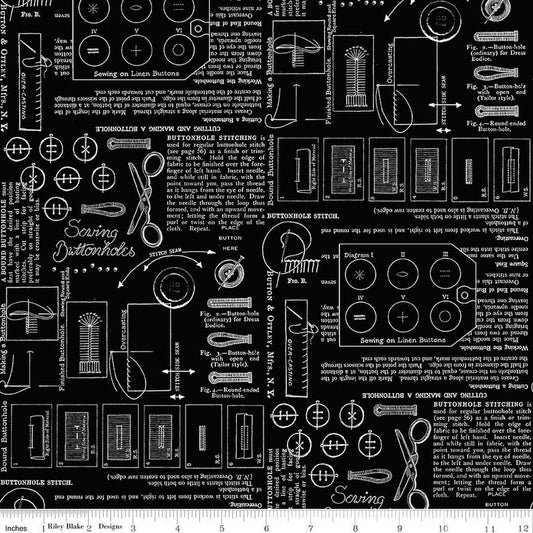 Image of Sew America Sewing Notes Black quilting cotton fabric by J. Wecker Frisch for Riley Blake Designs. Features vintage American sewing notes on a black background. Cute Little Fabric Shop.