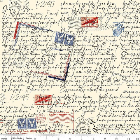 Image of Sew America Dear Folks WWII Cream quilting cotton fabric by J. Wecker Frisch for Riley Blake Designs. Features vintage American handwritten letters on a cream background. Cute Little Fabric Shop.