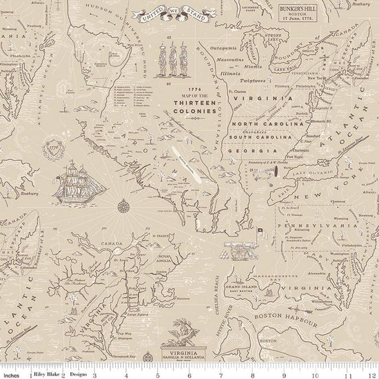 Image of Independence Colonial Map Beige quilting cotton fabric by The RBD Designers for Riley Blake Designs. Features map on a beige background. Cute Little Fabric Shop.