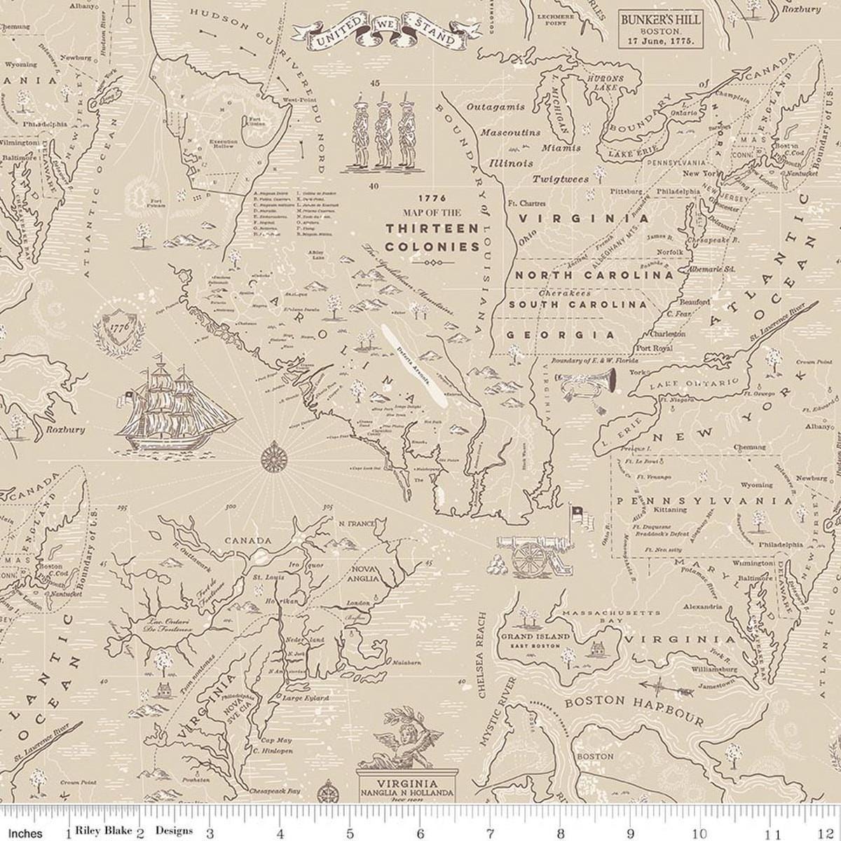 Image of Independence Colonial Map Beige quilting cotton fabric by The RBD Designers for Riley Blake Designs. Features map on a beige background. Cute Little Fabric Shop.