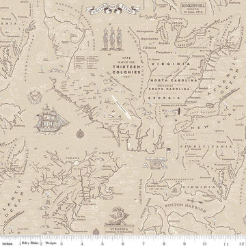 Image of Independence Colonial Map Beige quilting cotton fabric by The RBD Designers for Riley Blake Designs. Features map on a beige background. Cute Little Fabric Shop.
