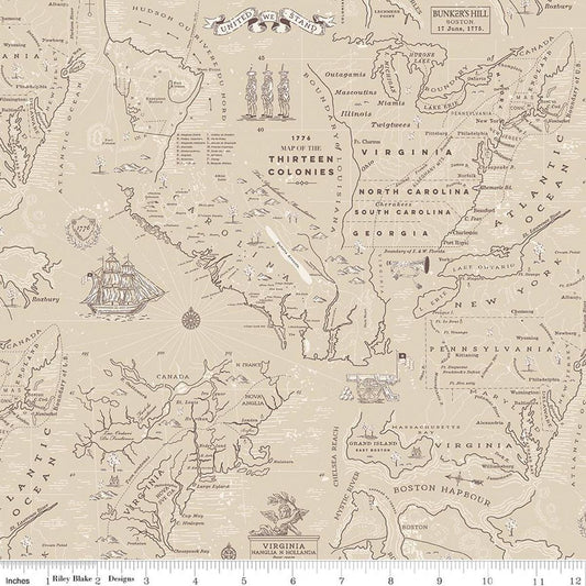 Image of Independence Colonial Map Beige quilting cotton fabric by The RBD Designers for Riley Blake Designs. Features map on a beige background. Cute Little Fabric Shop.