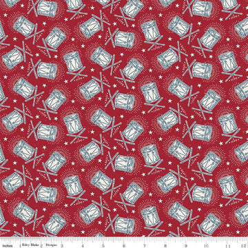 Image of Independence Drums Cherry Tart quilting cotton fabric by The RBD Designers for Riley Blake Designs. Features drums on a red background. Cute Little Fabric Shop.