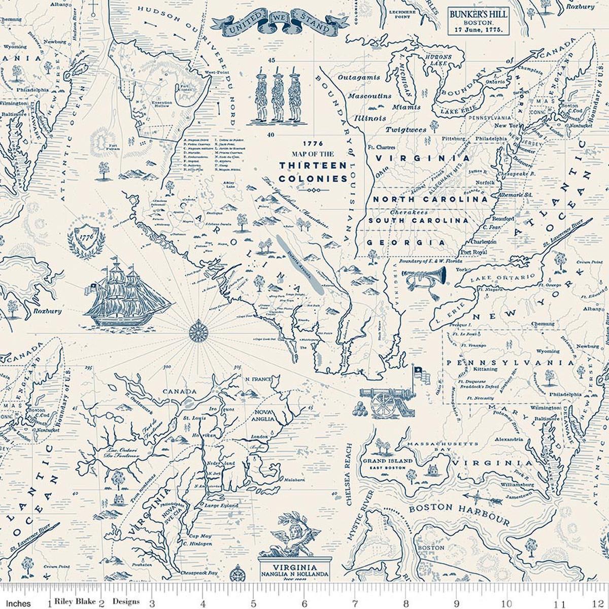 Image of Independence Colonial Map Cream quilting cotton fabric by The RBD Designers for Riley Blake Designs. Features map on a cream background. Cute Little Fabric Shop.