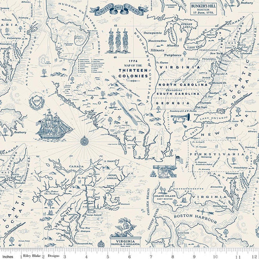 Image of Independence Colonial Map Cream quilting cotton fabric by The RBD Designers for Riley Blake Designs. Features map on a cream background. Cute Little Fabric Shop.