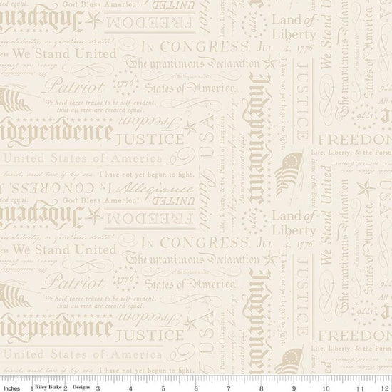 Image of Independence Declaration Cream quilting cotton fabric by The RBD Designers for Riley Blake Designs. Features words on a cream background. Cute Little Fabric Shop.