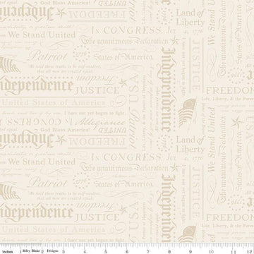 Image of Independence Declaration Cream quilting cotton fabric by The RBD Designers for Riley Blake Designs. Features words on a cream background. Cute Little Fabric Shop.