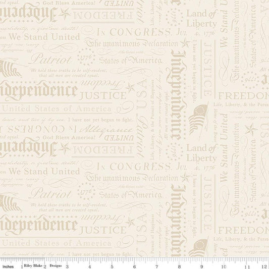 Image of Independence Declaration Cream quilting cotton fabric by The RBD Designers for Riley Blake Designs. Features words on a cream background. Cute Little Fabric Shop.