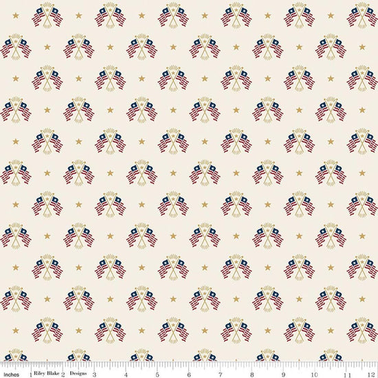 Image of Independence Old Glory Cream quilting cotton fabric by The RBD Designers for Riley Blake Designs. Features flags on a cream background. Cute Little Fabric Shop.