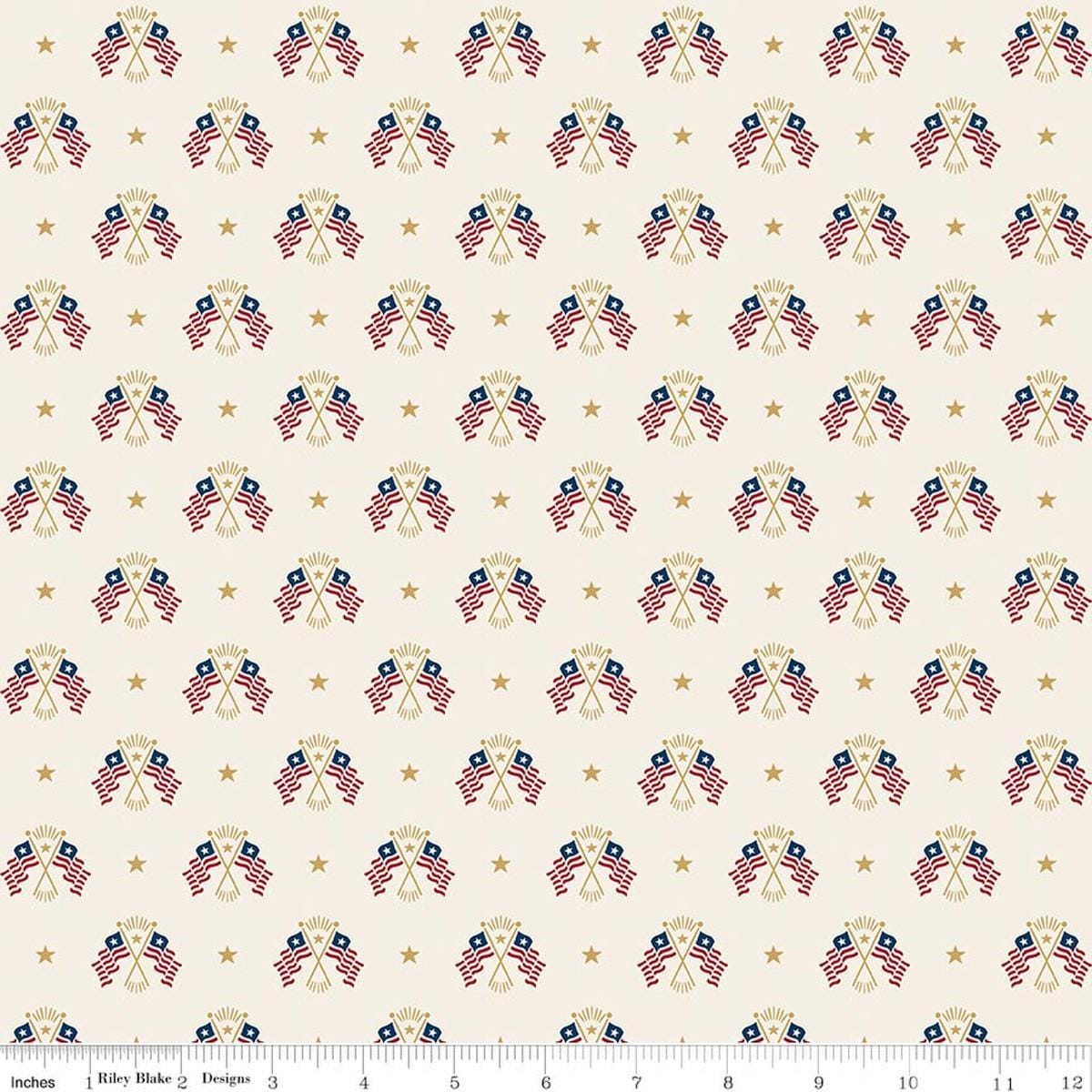 Image of Independence Old Glory Cream quilting cotton fabric by The RBD Designers for Riley Blake Designs. Features flags on a cream background. Cute Little Fabric Shop.