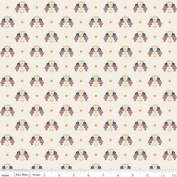Image of Independence Old Glory Cream quilting cotton fabric by The RBD Designers for Riley Blake Designs. Features flags on a cream background. Cute Little Fabric Shop.