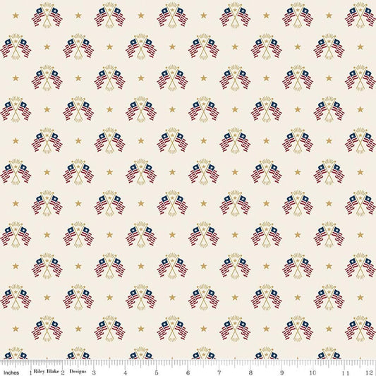 Image of Independence Old Glory Cream quilting cotton fabric by The RBD Designers for Riley Blake Designs. Features flags on a cream background. Cute Little Fabric Shop.