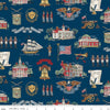 Image of Independence Main Oxford quilting cotton fabric by The RBD Designers for Riley Blake Designs. Features buildings on a blue background. Cute Little Fabric Shop.