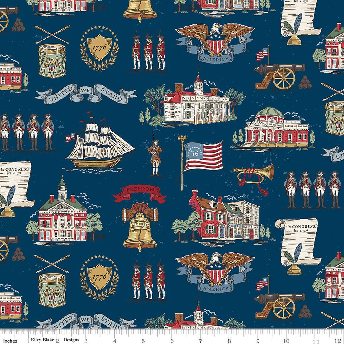 Image of Independence Main Oxford quilting cotton fabric by The RBD Designers for Riley Blake Designs. Features buildings on a blue background. Cute Little Fabric Shop.
