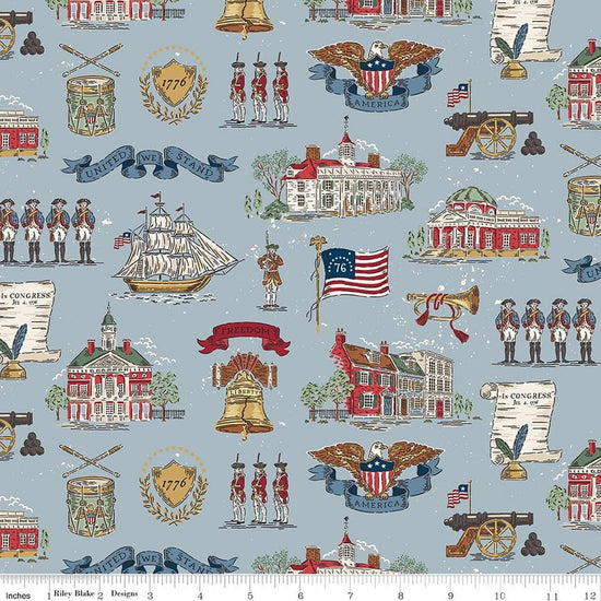 Image of Independence Main Blue quilting cotton fabric by The RBD Designers for Riley Blake Designs. Features buildings on a gray background. Cute Little Fabric Shop.