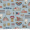 Image of Independence Main Blue quilting cotton fabric by The RBD Designers for Riley Blake Designs. Features buildings on a gray background. Cute Little Fabric Shop.