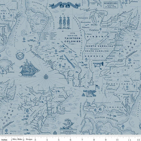 Image of Independence Colonial Map Blue quilting cotton fabric by The RBD Designers for Riley Blake Designs. Features map on a blue background. Cute Little Fabric Shop.