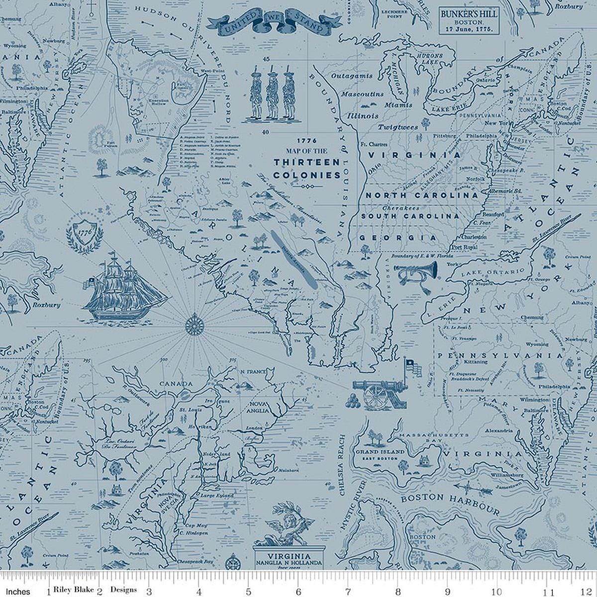 Image of Independence Colonial Map Blue quilting cotton fabric by The RBD Designers for Riley Blake Designs. Features map on a blue background. Cute Little Fabric Shop.