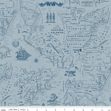 Image of Independence Colonial Map Blue quilting cotton fabric by The RBD Designers for Riley Blake Designs. Features map on a blue background. Cute Little Fabric Shop.