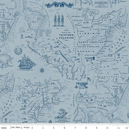 Image of Independence Colonial Map Blue quilting cotton fabric by The RBD Designers for Riley Blake Designs. Features map on a blue background. Cute Little Fabric Shop.