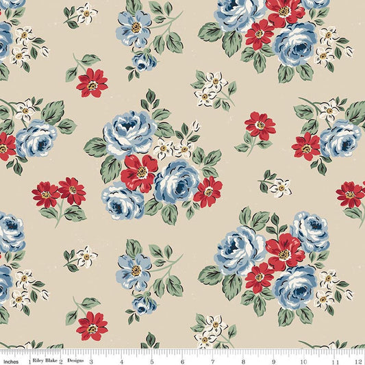 Image of Independence Floral Beige quilting cotton fabric by The RBD Designers for Riley Blake Designs. Features flowers on a cream background. Cute Little Fabric Shop.
