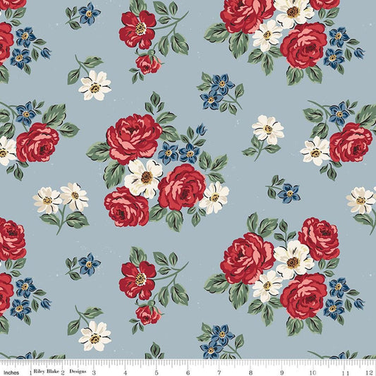Image of Independence Floral Blue quilting cotton fabric by The RBD Designers for Riley Blake Designs. Features flowers on a gray background. Cute Little Fabric Shop.