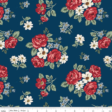 Image of Independence Floral Oxford quilting cotton fabric by The RBD Designers for Riley Blake Designs. Features flowers on a blue background. Cute Little Fabric Shop.