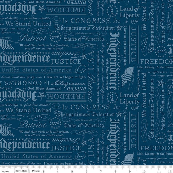 Image of Independence Declaration Oxford quilting cotton fabric by The RBD Designers for Riley Blake Designs. Features words on a blue background. Cute Little Fabric Shop.