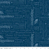 Image of Independence Declaration Oxford quilting cotton fabric by The RBD Designers for Riley Blake Designs. Features words on a blue background. Cute Little Fabric Shop.