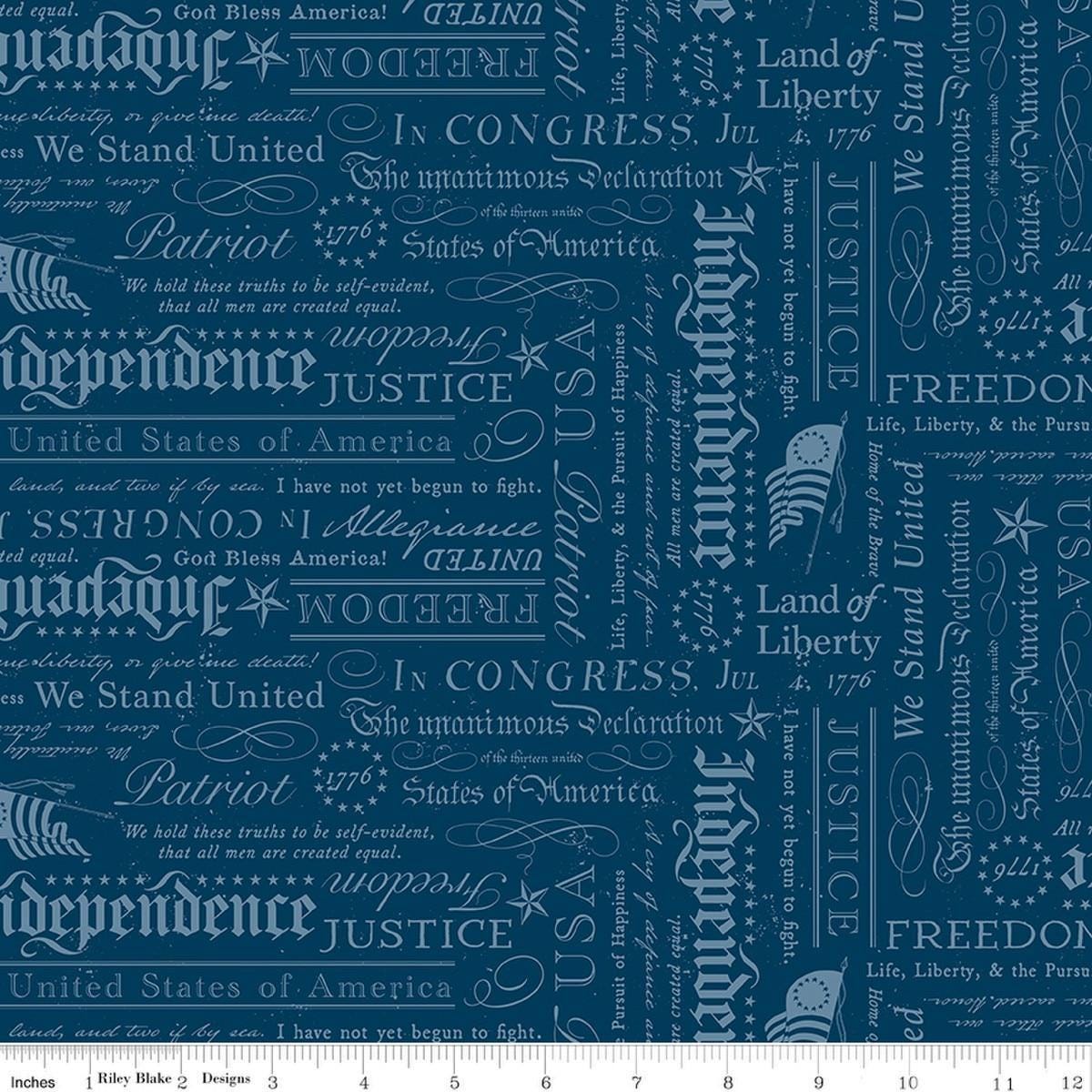 Image of Independence Declaration Oxford quilting cotton fabric by The RBD Designers for Riley Blake Designs. Features words on a blue background. Cute Little Fabric Shop.