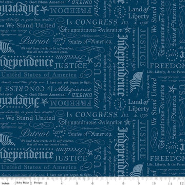 Image of Independence Declaration Oxford quilting cotton fabric by The RBD Designers for Riley Blake Designs. Features words on a blue background. Cute Little Fabric Shop.