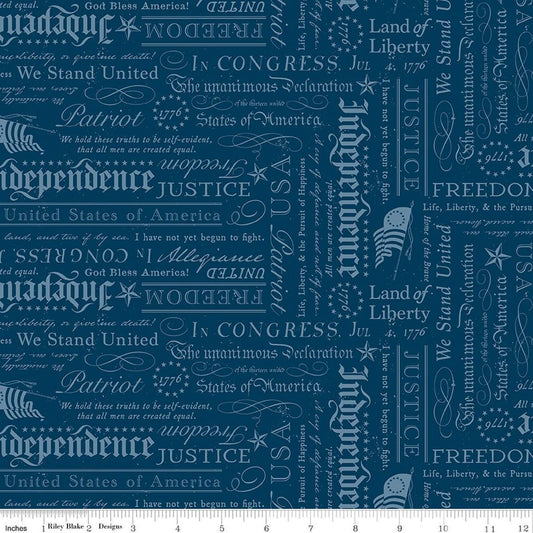 Image of Independence Declaration Oxford quilting cotton fabric by The RBD Designers for Riley Blake Designs. Features words on a blue background. Cute Little Fabric Shop.