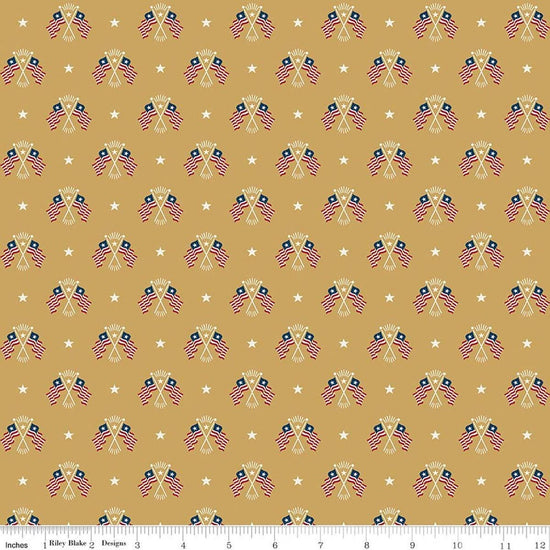 Image of Independence Old Glory Gold quilting cotton fabric by The RBD Designers for Riley Blake Designs. Features flags on a yellow background. Cute Little Fabric Shop.