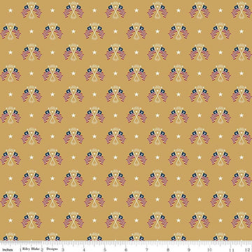 Image of Independence Old Glory Gold quilting cotton fabric by The RBD Designers for Riley Blake Designs. Features flags on a yellow background. Cute Little Fabric Shop.