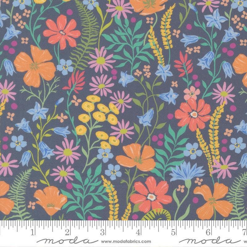 Image of Cannon Beach Blooms Dusk quilting cotton fabric by Crystal Manning for Moda Fabrics. Features flowers on a dark gray background. Cute Little Fabric Shop.