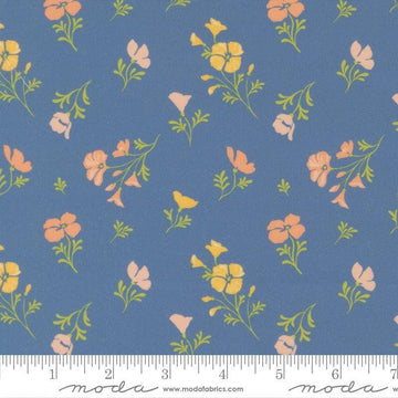 Image of Cannon Beach Astoria Lake quilting cotton fabric by Crystal Manning for Moda Fabrics. Features flowers on a blue background. Cute Little Fabric Shop.