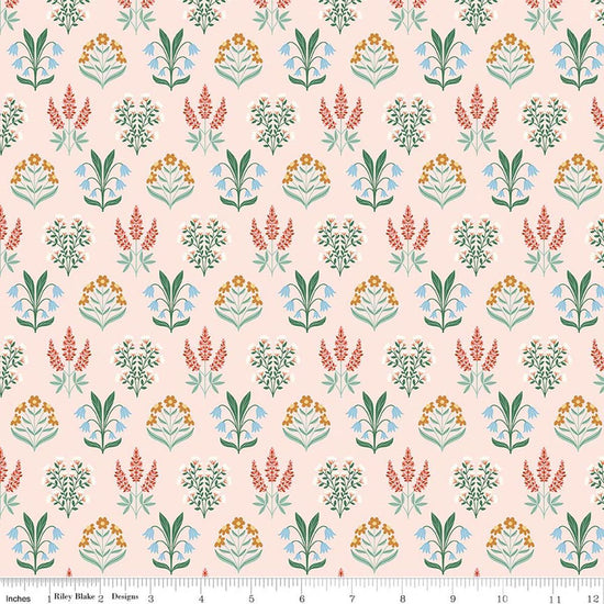 Image of Meadow Moments Blossom Trail Pink quilting cotton pattern by Little Forest Atelier for Riley Blake Designs. Features flowers on a pink background. Cute Little Fabric Shop.