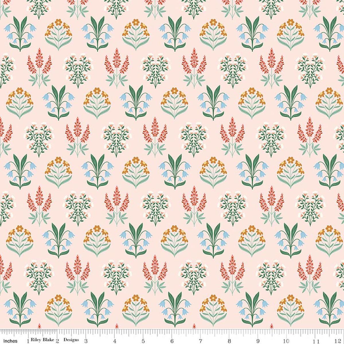 Image of Meadow Moments Blossom Trail Pink quilting cotton pattern by Little Forest Atelier for Riley Blake Designs. Features flowers on a pink background. Cute Little Fabric Shop.