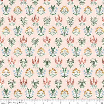 Image of Meadow Moments Blossom Trail Pink quilting cotton pattern by Little Forest Atelier for Riley Blake Designs. Features flowers on a pink background. Cute Little Fabric Shop.