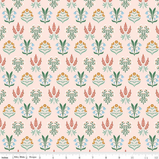 Image of Meadow Moments Blossom Trail Pink quilting cotton pattern by Little Forest Atelier for Riley Blake Designs. Features flowers on a pink background. Cute Little Fabric Shop.